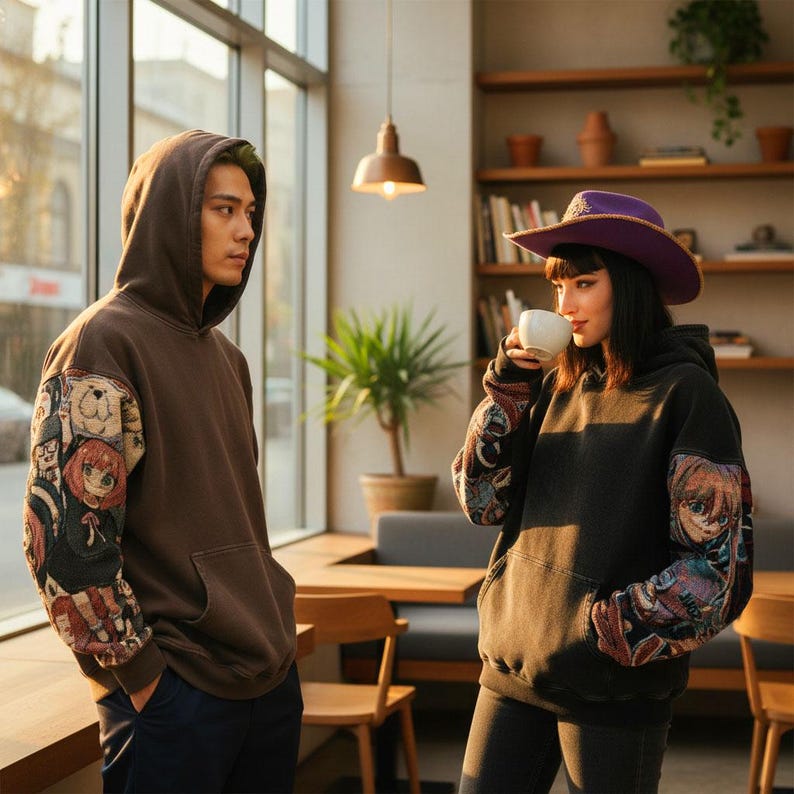 May include: Two people wearing brown and black hoodies with anime-style sleeve designs. One person is holding a white cup. The hoodies have a relaxed fit and a front pocket. The background includes a window, wooden chairs, and a bookshelf.