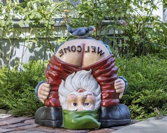 Funny Garden Gnome Statue Prank Welcome Sign Resin Yard Decor Outdoor Lawn Ornament