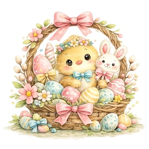 Puede incluir: Ilustración en acuarela de una cesta de Pascua llena de huevos decorados, un pollito amarillo con una corona de flores y pajarita azul, y un conejito blanco. Lazos rosas y flores adornan la cesta, creando una escena primaveral festiva.