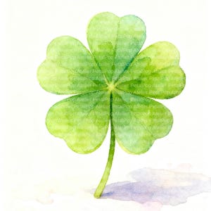 Puede incluir: Pintura a la acuarela de un trébol de cuatro hojas en tonos verdes. El trébol tiene un tallo largo y está sobre un fondo blanco con sutiles aguadas de acuarela. Un símbolo de buena suerte.