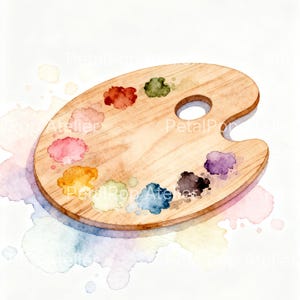 Puede incluir: Acuarela de una paleta de artista de madera con una variedad de manchas de pintura coloridas. La paleta tiene un agujero para el pulgar y está rodeada de salpicaduras de acuarela en tonos de rosa, amarillo, azul y verde.
