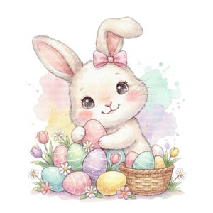 Puede incluir: Ilustración en acuarela de un conejito de Pascua blanco con un lazo rosa, sosteniendo un huevo rosa. Huevos de colores pastel y una cesta de mimbre están rodeados de flores. El fondo presenta salpicaduras suaves de acuarela.