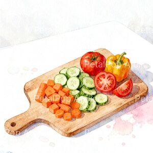 Puede incluir: Ilustración en acuarela de verduras frescas sobre una tabla de cortar de madera. Incluye un tomate rojo, pimiento amarillo, pepinos en rodajas, zanahorias en dados y rodajas de tomate. Las verduras están dispuestas sobre una tabla de cortar marrón claro.