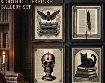 Edgar Allan Poe Gothic Wall Art Set, Dark Academia Printable Gallery, Raven on Typewriter, Skull Candle Illustration, Black Cat & Quill, Vin