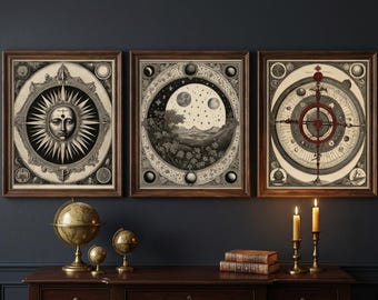 Dark Academia Celestial Print Set of 3 Antique Sun Moon Astrolabe Wall Art, Vintage Astronomy Etching, Gothic Triptych Printable Art 300 DPI