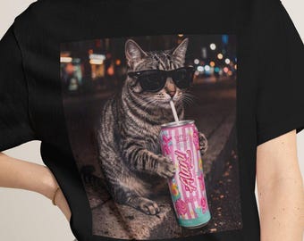 Comfort Colors Cat Cotton Candy Drink Graphic Tee, Fun Animal Lover Shirt, Vintage Cat Shirt, Funny Meme Genz Dank Cat Shirt