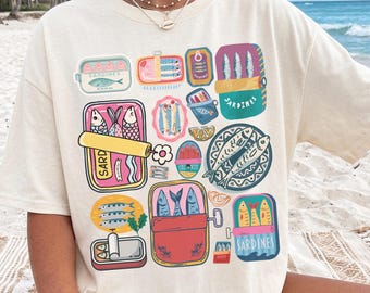 Retro Sardine Shirt, Vintage Mediterranean Canned Fish Design, Colorful Seafood Graphic
