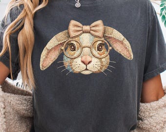 Faux Embroidery Bun Shirt, Retro Glasses Rabbit Graphic, Cozy Cottagecore Animal, Nostalgic Aesthetic