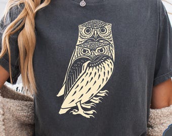 Vintage Owl Woodcut Graphic, Linocut Bird Art, Dark Academia Nature Aesthetic, Folk Illustration, Shirt