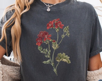 Vintage Botanical, Red Geranium Flower Illustration Graphic, Retro Cottagecore Aesthetic Cotton Tee