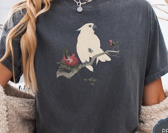 Vintage Cockatoo Illustration, Pomegranate Bird Graphic, Retro Nature Enthusiast, Botanical Art Shirt