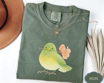 Cute Bird With Flower WatercolorT-Shirt, Soft Nature Lover Aesthetic, Spring Botanical Art