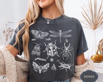 Camiseta con estampado de especímenes de insectos, lámina de insectos vintage, estética entomológica, ilustración científica, estudiante de biología, estilo cottagecore.