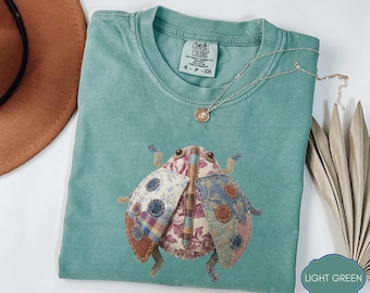 Faux Patchwork Beetle Tee, Vintage Quilted Style Insect Print, Whimsical Nature Aesthetic