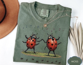 Dancing Ladybugs Whimsical Nature Illustration, Vintage Cottagecore Garden Insect Tee