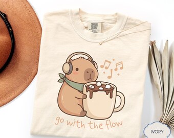 Chill Capybara Cocoa Tee, Go With The Flow Graphic, Cozy Animal Music Lover, Kawaii Capybara