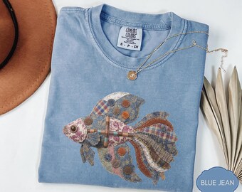 Faux Patchwork Fish Shirt, Vintage Quilted Aquatic Design, Retro Folk Art Coastal Graphic