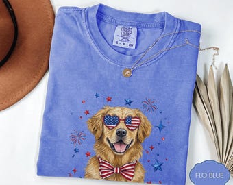Patriotic Golden Retriever Shirt, 4th of July Dog Graphic, USA Flag Sunglasses, Americana Fireworks, Independence Day