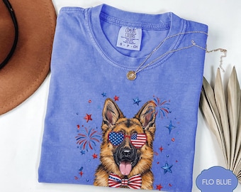 Patriotic German Shepherd Shirt, Fourth of July Dog, Americana Stars and Stripes, Fireworks Graphic