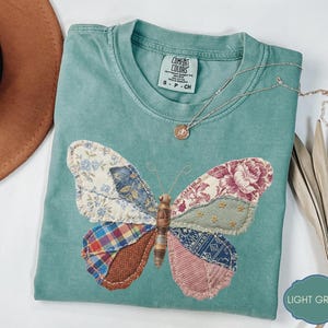 Faux Patchwork Butterfly Shirt, Vintage Quilted Graphic, Cottagecore Aesthetic, Retro Nature Gift