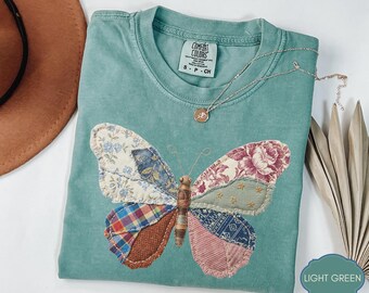 Camisa con estampado de mariposas y patchwork sintético, diseño acolchado vintage, estética cottagecore, regalo retro inspirado en la naturaleza.