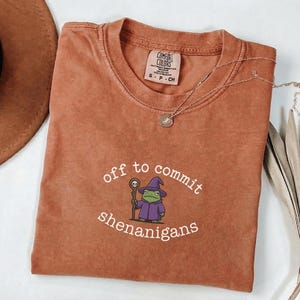 May include: A terracotta-coloured Comfort Colors t-shirt featuring the text "off to commit shenanigans" and a cartoon frog wizard. The shirt has a crew neck and short sleeves. A silver necklace with a pendant is draped across the shirt.