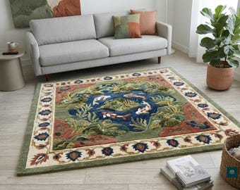 Hand Tufted Koi Pond Wool Rug | Nature Landscape Botanical Fish Carpet
