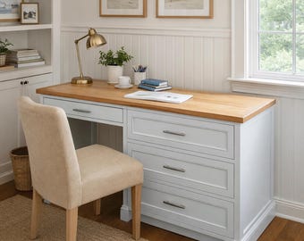 Custom Wooden Desk | Handmade Home Office Desk, Birch Poplar Cherry Wood, Built-In Style Workspace