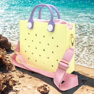 Large EVA rubber tote bag for women, waterproof beach handbag with customizable charm holes and zipper closure