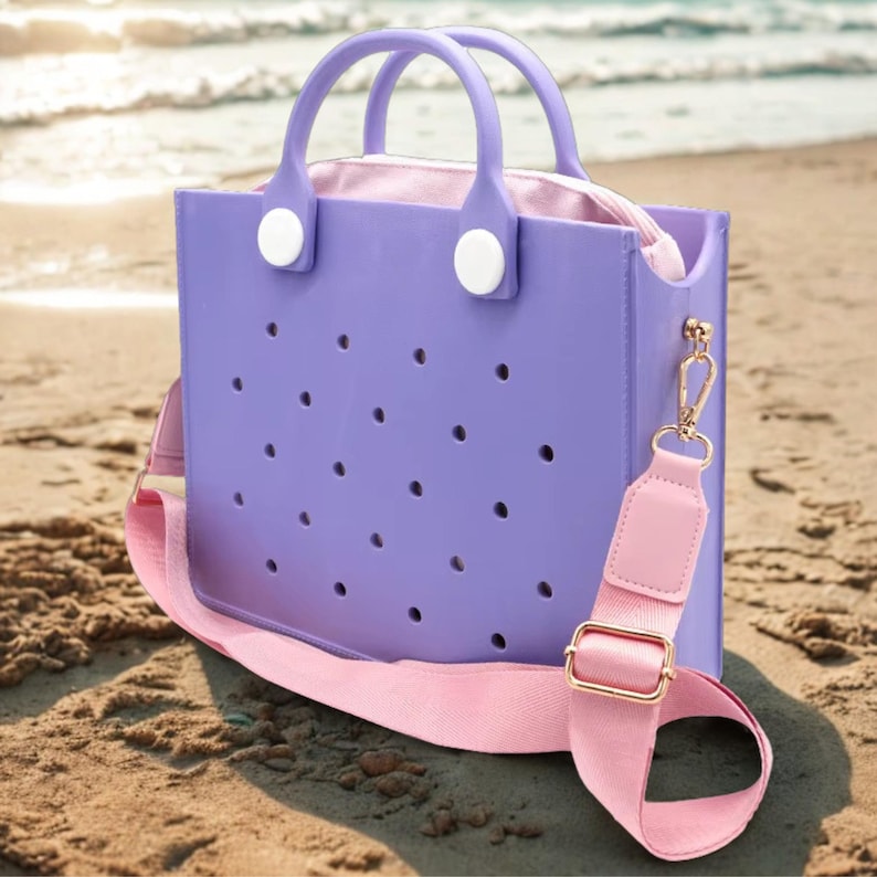 Waterproof rubber tote bag for women with structured shape and zipper closure, perfect for beach and travel