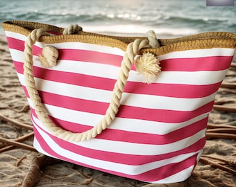 Striped Canvas Tote Bag with Zipper, Large Nautical Shoulder Bag, Beach Travel Handbag