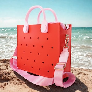 Modern EVA beach bag with large storage space and charm holes, stylish waterproof tote for everyday use
