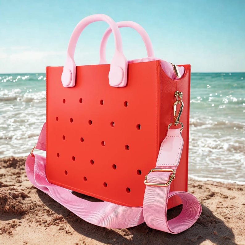 Modern EVA beach bag with large storage space and charm holes, stylish waterproof tote for everyday use