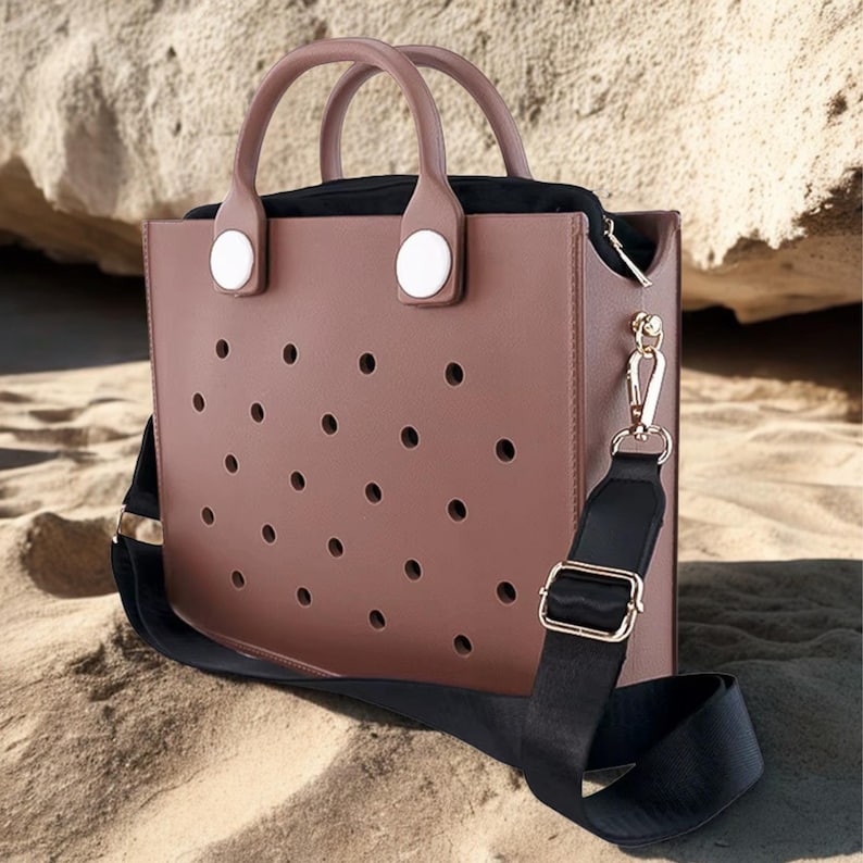 Spacious EVA waterproof beach tote bag with charm hole design, structured shoulder handbag for women travel and summer use