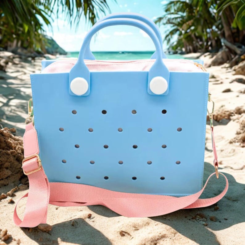 Stylish EVA rubber tote bag with zipper closure, large capacity waterproof handbag for beach, pool, and shopping