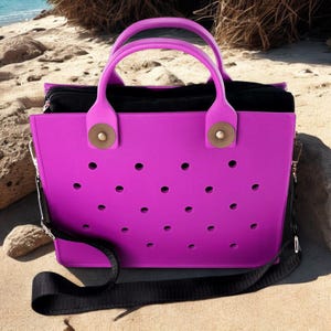 Durable EVA beach tote bag with roomy interior and customizable charm holes, lightweight waterproof bag for travel and gym