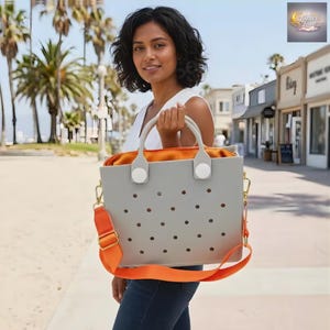 EVA waterproof tote bag with large capacity and charm holes, structured beach shoulder bag for women summer use