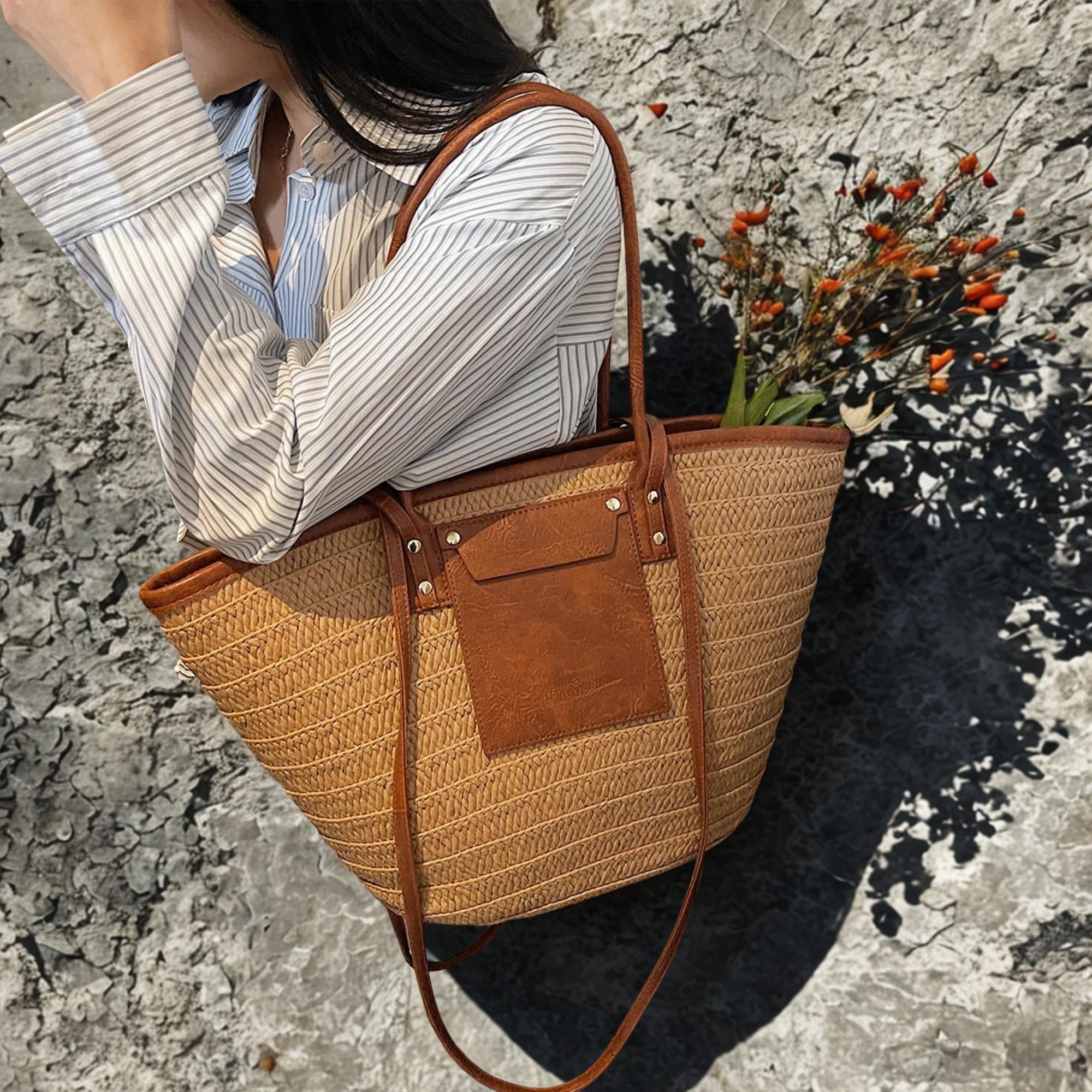 Raffia Rattan Straw Tote Bag, Vintage Boho Shoulder Purse, Large Summer ...