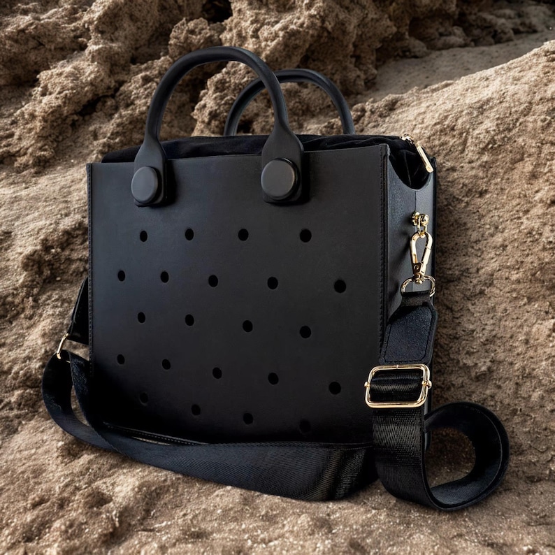 Trendy EVA tote bag with charm holes, durable waterproof handbag for women beach, gym, and shopping