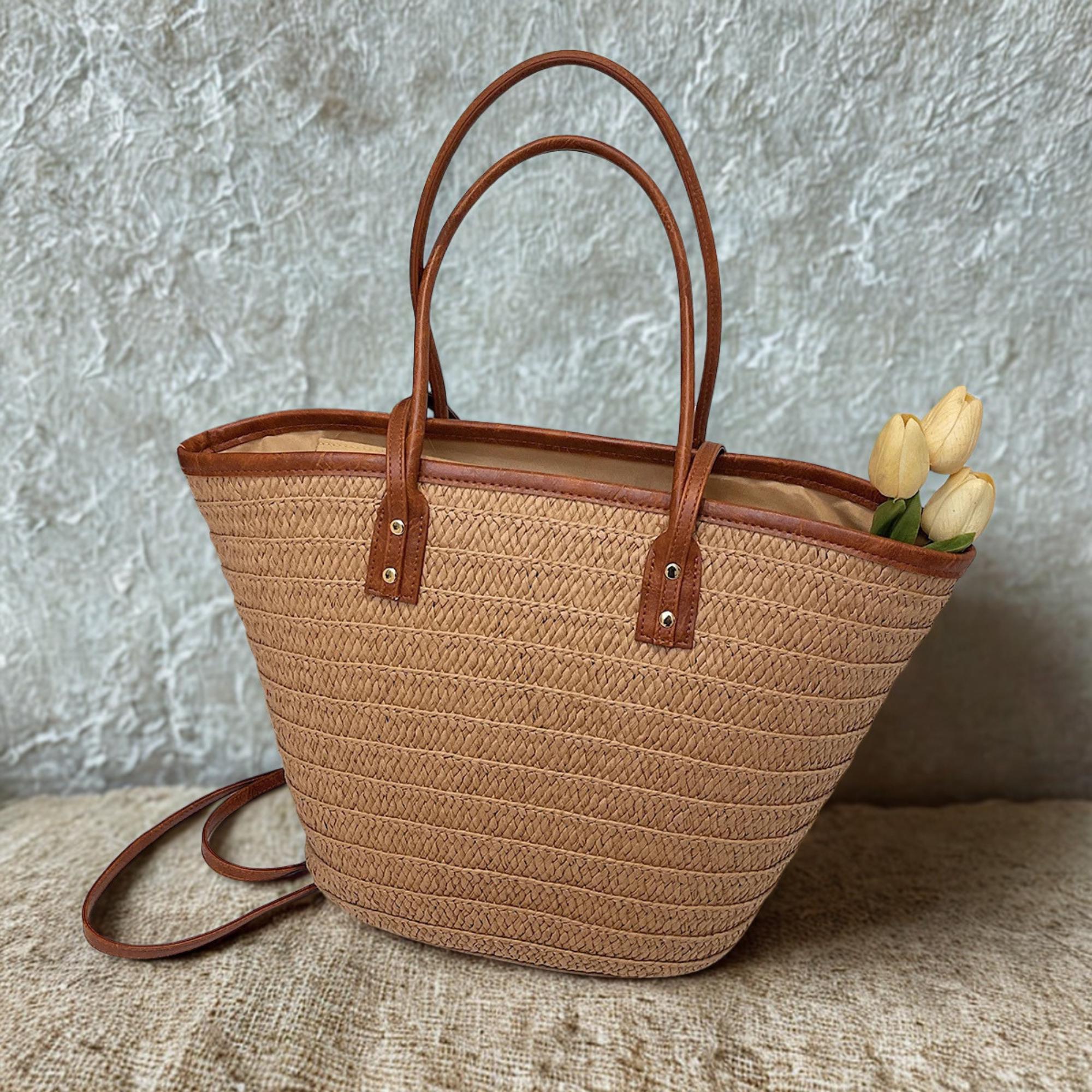 Raffia Rattan Straw Tote Bag, Vintage Boho Shoulder Purse, Large Summer ...