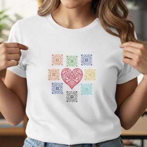 Colorful Folk Art Heart Shirt Bella Canvas 3001 Unisex Jersey Tee Boho Pattern Love T Shirt Gift for Her Minimal Graphic Top