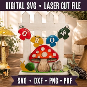 Mushroom fence insert SVG, interchangeable seasonal fence decor, snail laser cut file, grow garden sign, layered wood craft