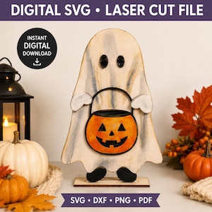 May include: A digital SVG laser cut file featuring a wooden ghost figure with a distressed white finish, black eyes, and black feet. The ghost holds a bright orange jack-o'-lantern candy bucket with a black handle and carved face details.