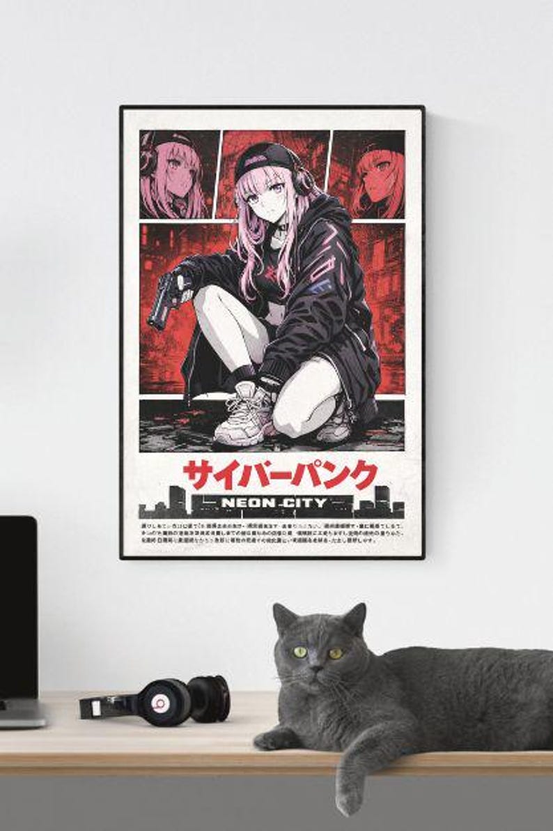 Cyberpunk Anime Girl Poster – Neon City Japanese Manga Art (digital ...