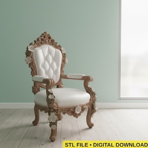 May include: A detailed, ornate armchair with a white, tufted seat and back. The wooden frame is light brown with floral carvings and white accents. The chair has armrests and is set against a light green wall. Text at the bottom reads "STL FILE • DIGITAL DOWNLOAD."