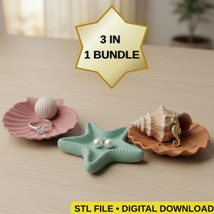 Bandeja para joyas moderna con diseño de estrella de mar y conchas marinas (archivo 3D STL) / 3 platos para joyas de estilo costero / Descarga digital