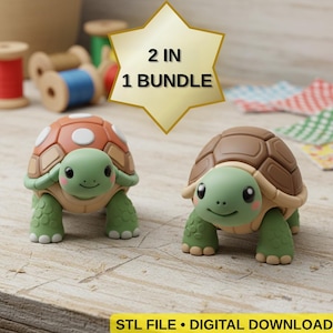 May include: Two adorable turtle figurines with green heads and feet, and brown and orange shells. The text "2 IN 1 BUNDLE" is in a gold star shape. The bottom of the image has the text "STL FILE • DIGITAL DOWNLOAD".