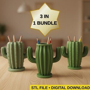 Cactus Pen Holder 3D STL File | 3 Piece Desk Organizer Bundle | Office Decor | Digital Download