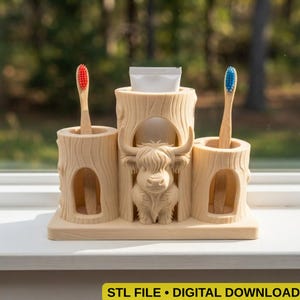 Highland Cow Toothbrush Holder 3D STL File | Rustic Stump Bathroom Organizer Digital Download