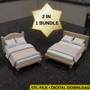 May include: Two miniature bed models featuring light wood frames, white mattresses, two white pillows, and a light beige blanket on each. A gold star-shaped graphic above the beds displays the text 2 IN 1 BUNDLE, and the bottom text reads STL FILE DIGITAL DOWNLOAD.
